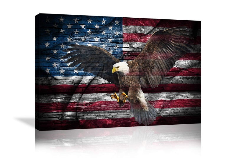 Urttiiyy Retro American Flag Bald Eagle USA Military Wall Art Canvas Prints Thin Blue Red Line Home Decor Pictures for Living Room Bedroom Painting Framed Ready to Hang - Image 1